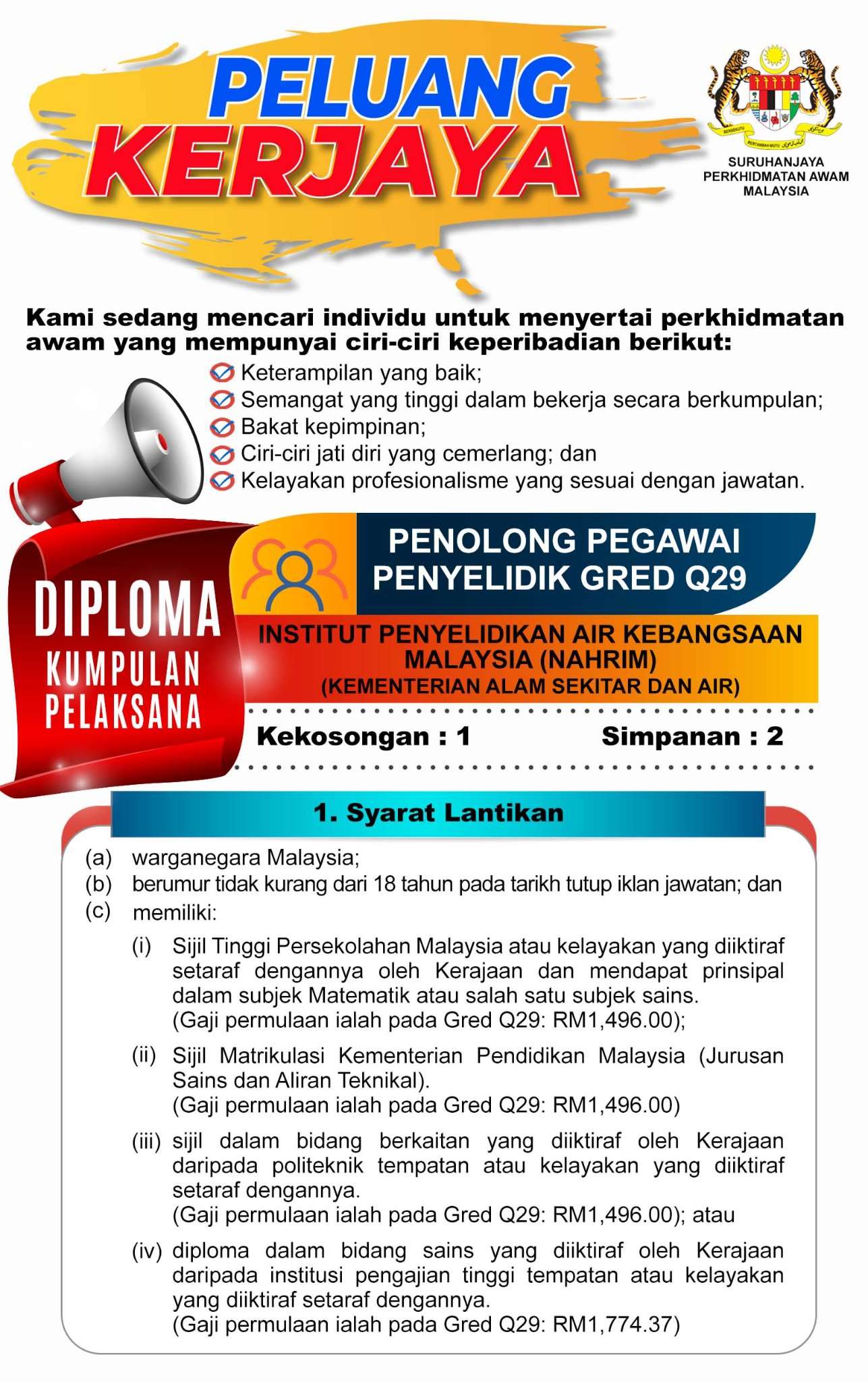 jawatan kosong penolong pegawai penyelidik gred q29