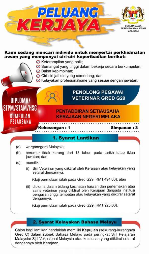 Penolong Pegawai Vaterinar G29 Negeri Melaka 2022