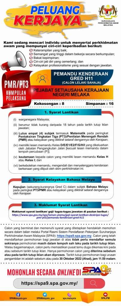Pemandu Kenderaan H11 Pejabat Setiausaha Melaka 2022