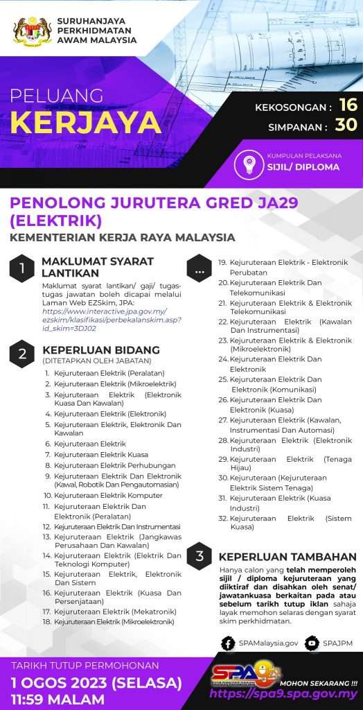 Penolong Jurutera Gred JA29 (Elektrik) KKR 2023