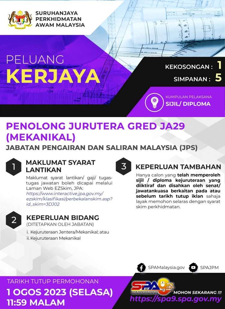 Penolong Jurutera Gred JA29 (Mekanikal) JPS 2023