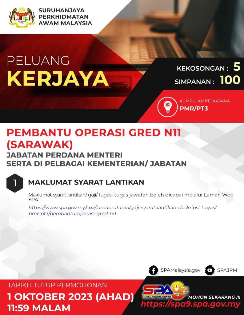 Pembantu Operasi Gred N11 (Sarawak) Jabatan Perdana Menteri 2023