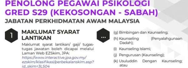 Penolong Pegawai Psikologi Gred S29 JPA Kekosongan Sabah 2023