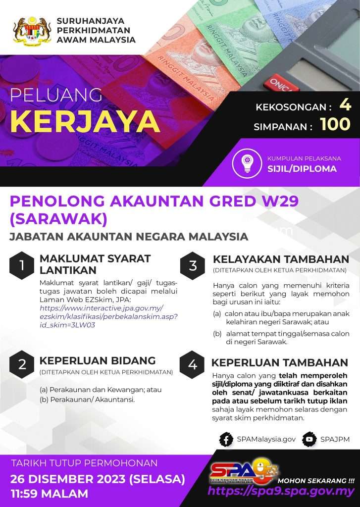 Penolong Akauntan Sarawak Gred W29 ANM 2023