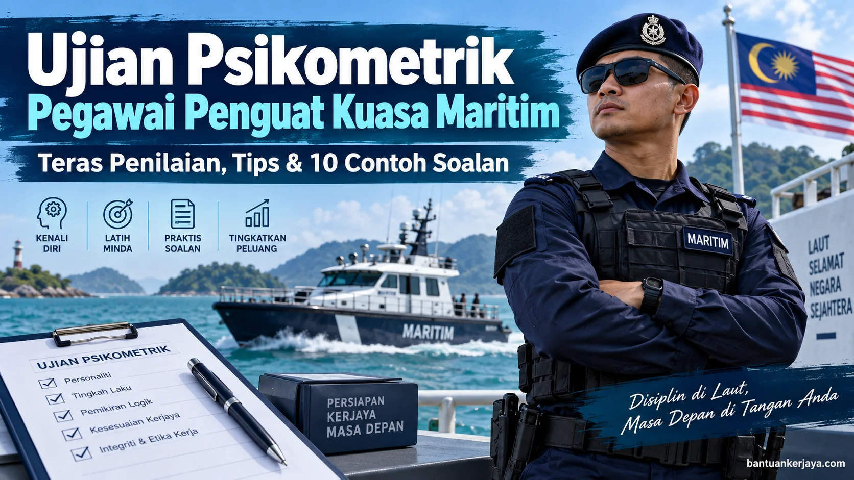Ujian Psikometrik Pegawai Penguat Kuasa Maritim T8 dengan teras penilaian, tips dan contoh soalan untuk calon PSEE Maritim.